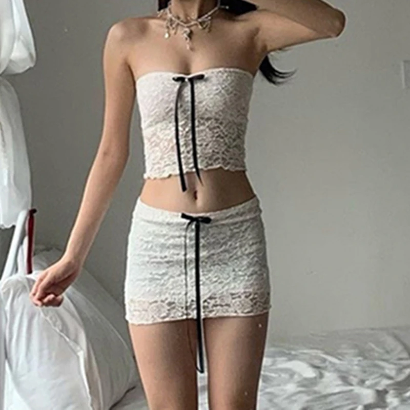 Women Floral Lace Sheer 2 Piece Set Cute Bow Strapless Backless Tube Crop Top with Mini Bodycon Skirt Summer Y2k Retro Outfit