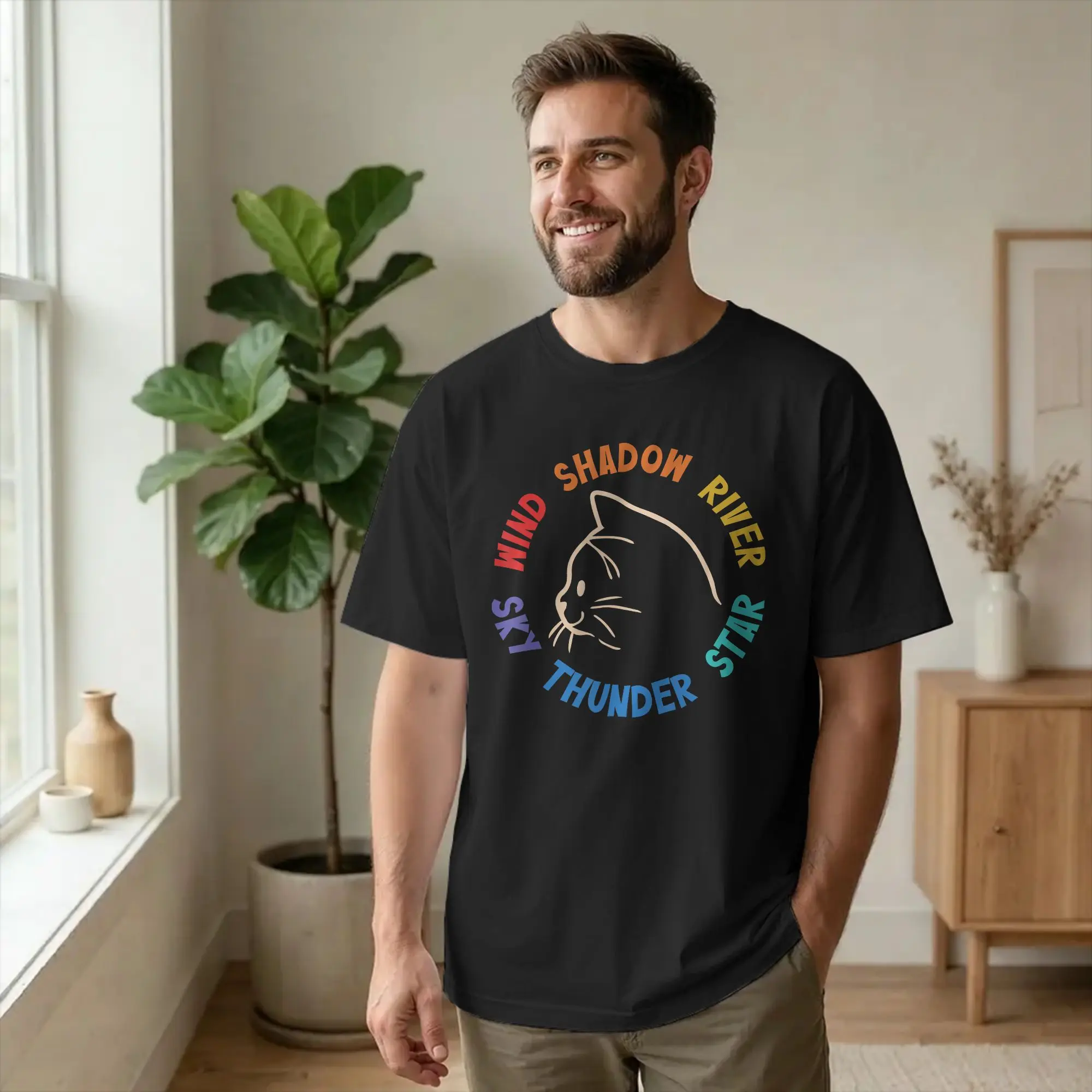 Wind Shadow River Star Thunder Sky Cat T-Shirt Men FireStar Crazy 100% Cotton Tee Round Collar Short Sleeve T Shirts merchandise