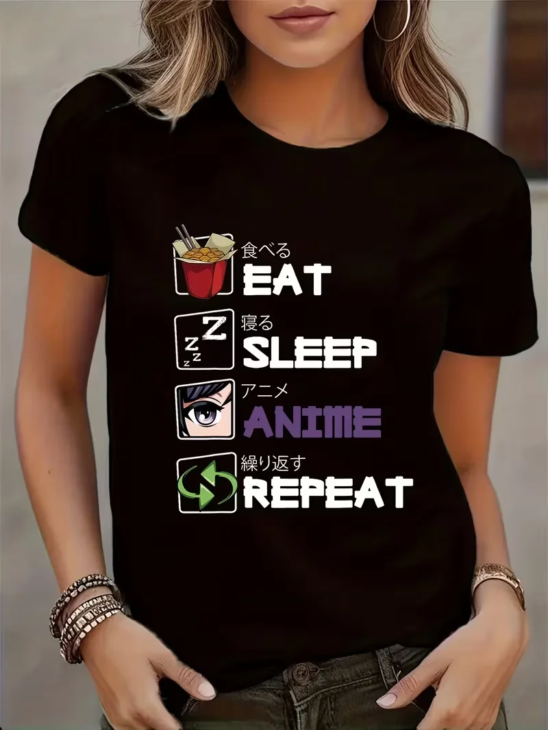 

Женская повседневная футболка с рисунком «Eat Sleep Anime Repeat» и повседневная футболка с принтом аниме-повторючего цикла, всесезонная уличная футболка