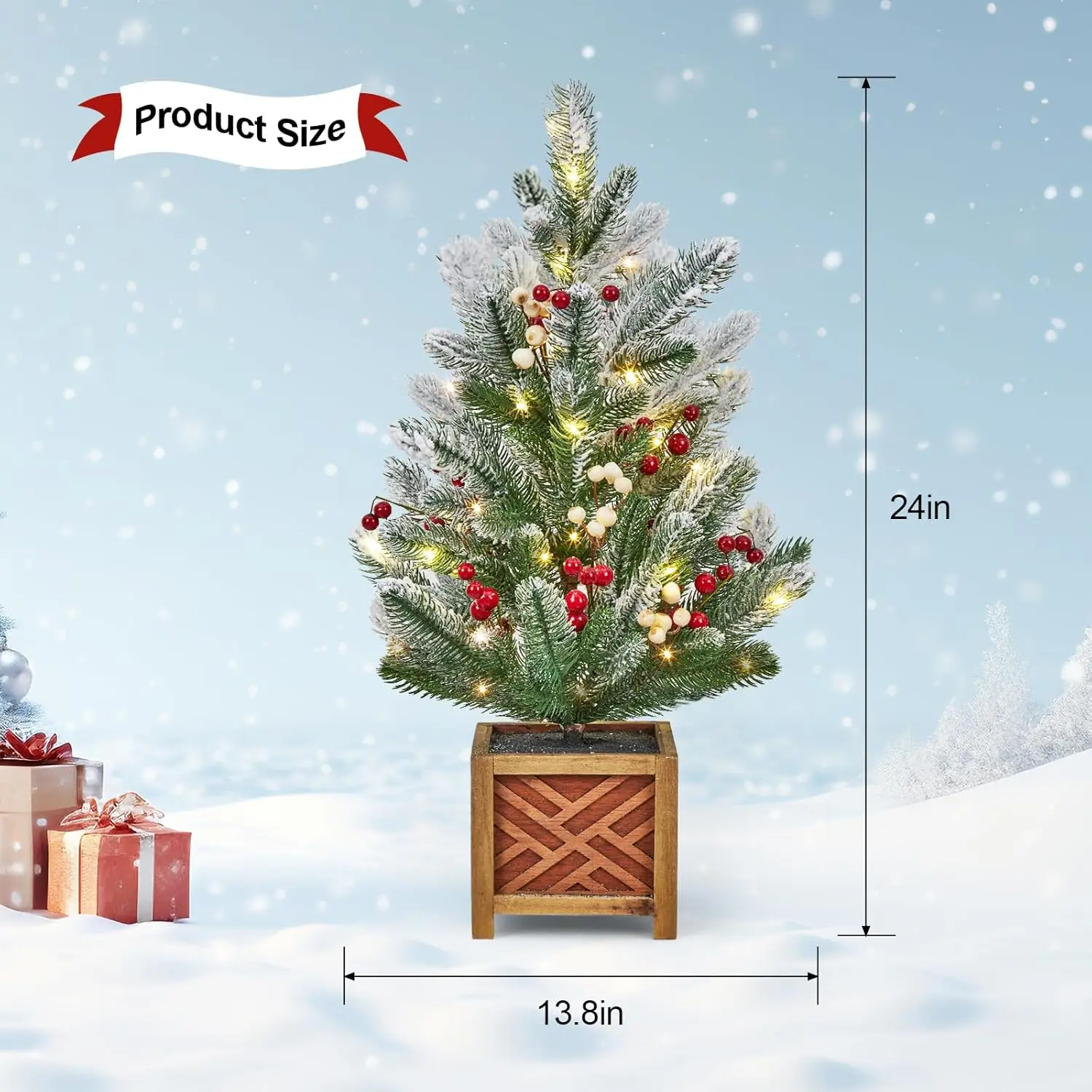 24 Inch Small Christmas Tree Prelit Tabletop with Wooden Base Frosted Lighted Artificial Xmas Tree  with Red and White Berries