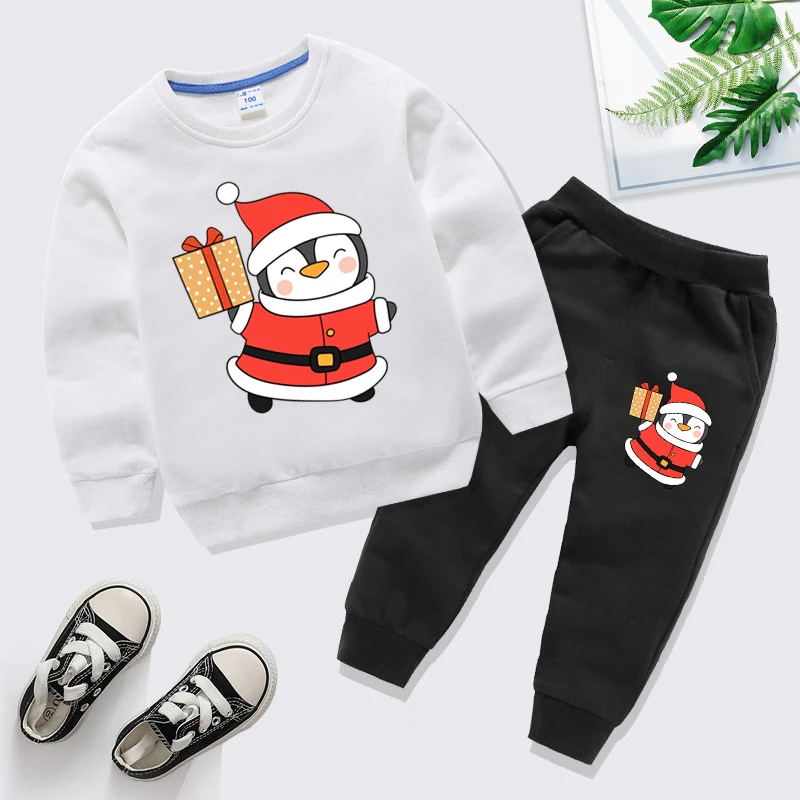 Kids Clothes Cute Christmas Penguin Graphics Pullover+Pants 2pc Set Autumn Children Long Sleeve Outfits Boy Girl Sweatshirt Suit