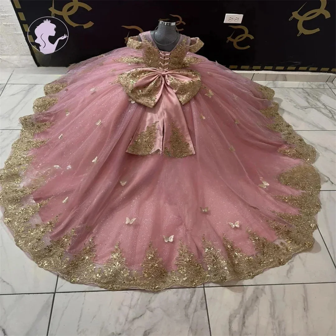 

Customized Dusty Pink Flower Girl Dress For Wedding Gold Appliques Butterflies Classic Princess Birthday Evening Party Prom Gown