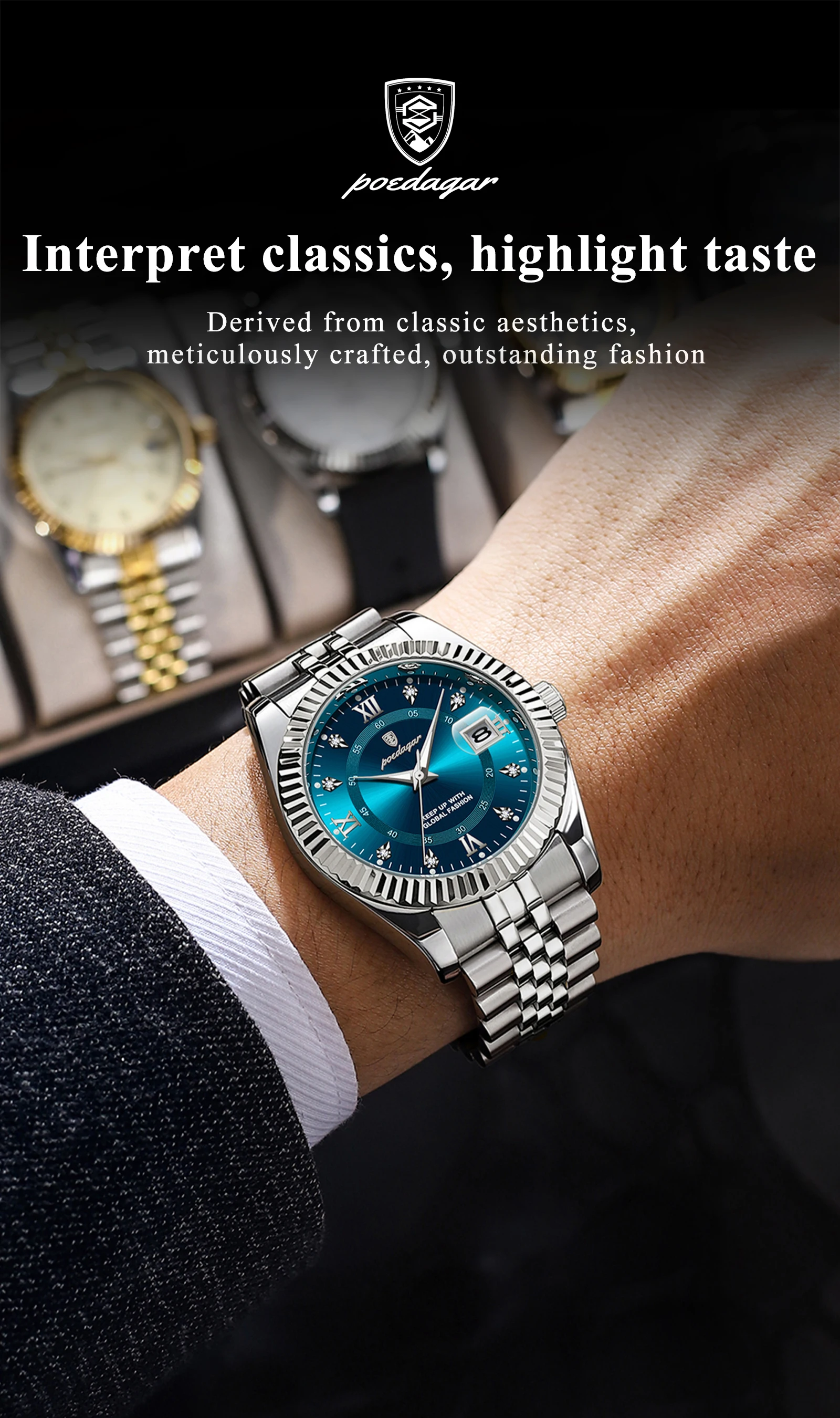 POEDAGAR Original Herren-Armbanduhr Wasserdicht Leuchtend Datum Geschäfts-Männeruhr Edelstahl Quarz Militär-Herrenuhren Reloj – Detail 3
