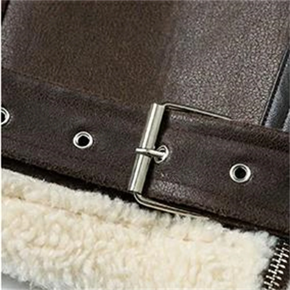 Woman\'s Fashion Thick Warm Faux Shearling Jacket Coat Vintage Long Sleeve Belt Hem Female Outerwear Chic Tops