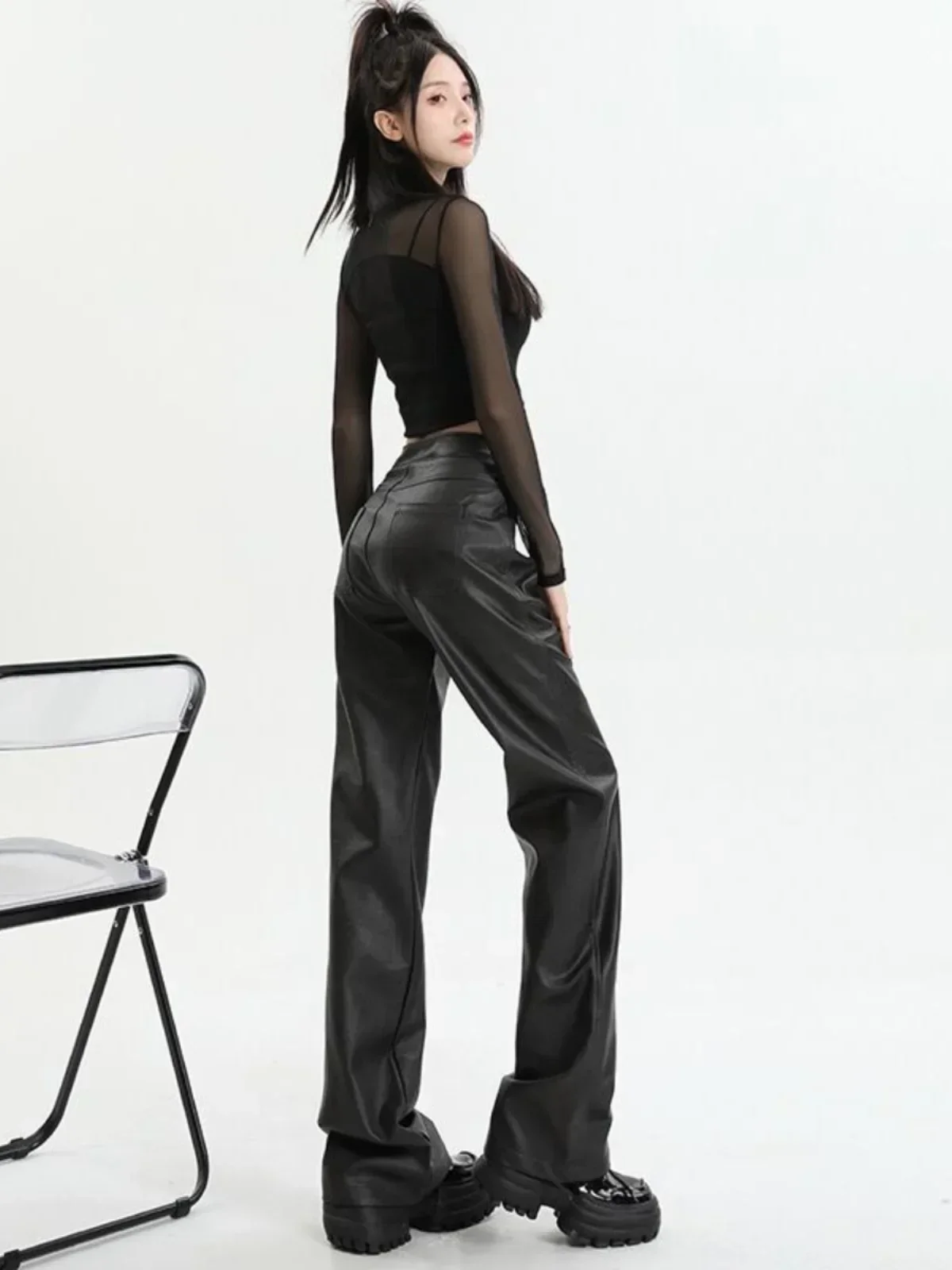 

Брюки женские из искусственной кожи однотонные с высокой талией на молнии прямые широкие брюки осень новые тонкие уникальные пикантные девушки уличная одежда Y2k