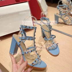 Rivet Blue Ankle Strap Block High Heels Sandals Female Fashion Sexy Round Toe Mid Heels Shoes Lady Party Elegant Luxury Sandals