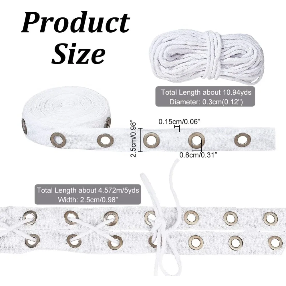 5 Yards White Cotton Eyelet Tape, 0.98 Inch Eyelet Twill Tape Grommet Eyelet Tape for Sewing, and includes 10.94 Yards Cotton