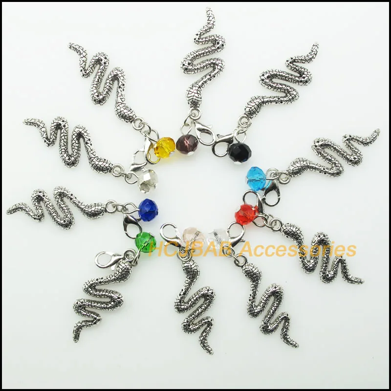 10Pcs Mixed Round Crystal Antique Silver Color Animal Snake with Clasp Charms Pendants 15x39mm