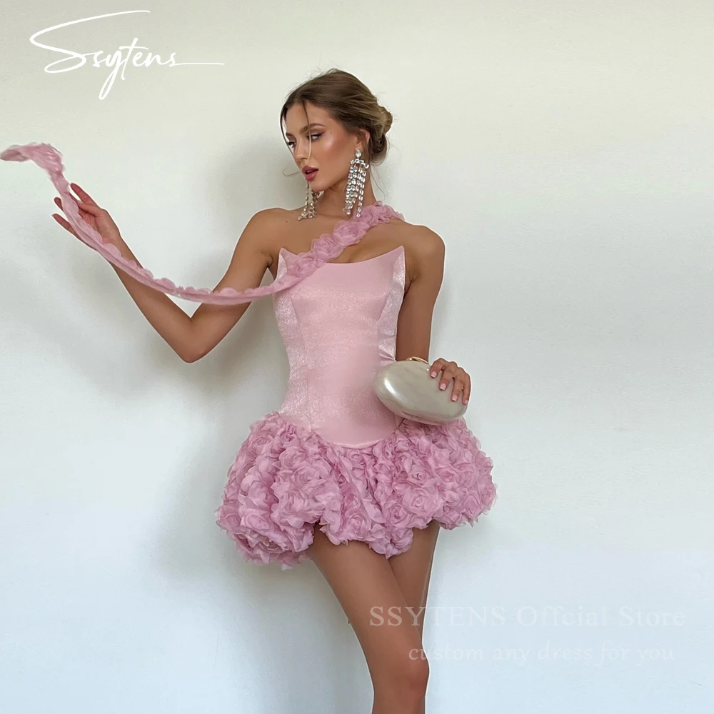 

SSYTENS Pink Short Prom Dresses Sexy Mini Birthday Party Dresses Women Flowers Strapless Sleeveless Vestidos De Festa Customized