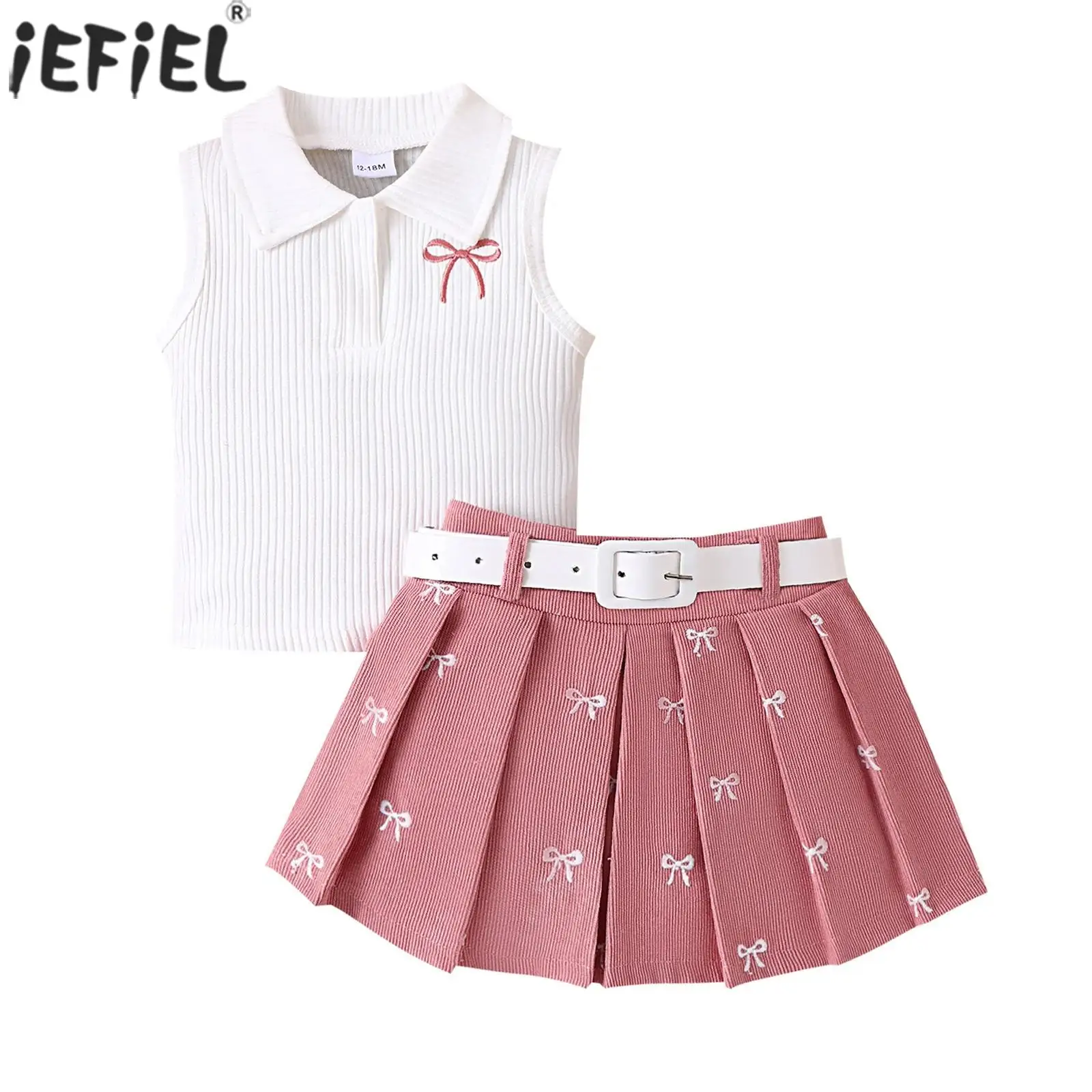 

Baby Girls Outfit Lapel Sleeveless Knitted Tops with Printed Pleated Skirt And Adjustable Belt Set Birthday Party Summer Clothes