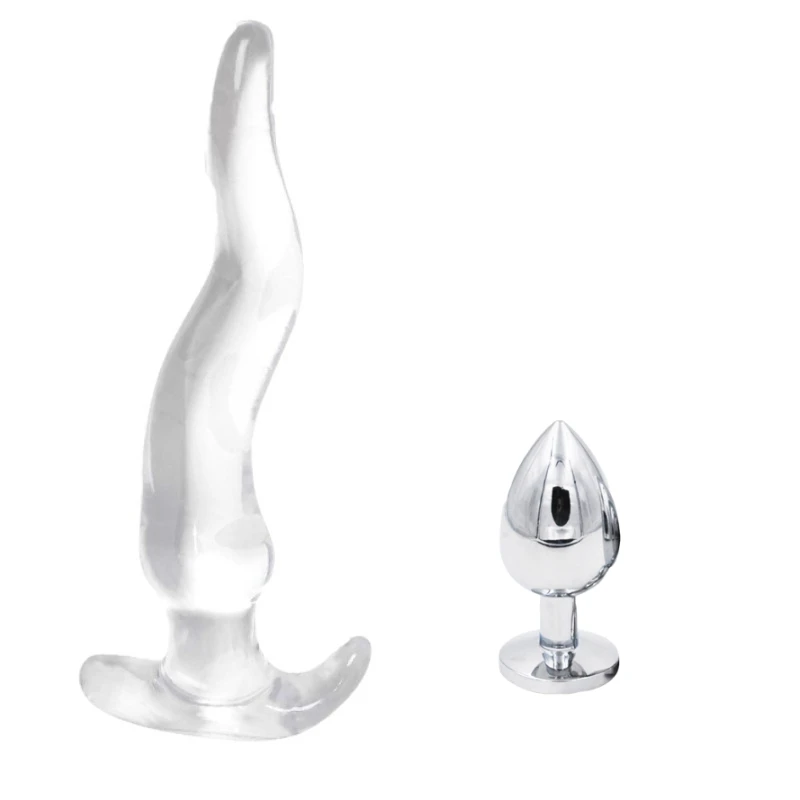 False Dildo Transparent Curved Silicone Metal Anal Plug Safe Bottom G-spot Adult Sex Toy Male and Female Anal Plug Back Massager