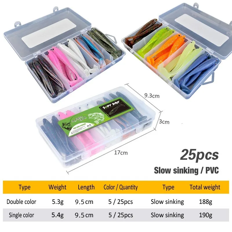 Fishing Lures Set 25Pcs 95mm Soft Fish fake Swimbait for Trolling Wobbler Silicone Bait Kit Sea Fishing Predator Lure with Box