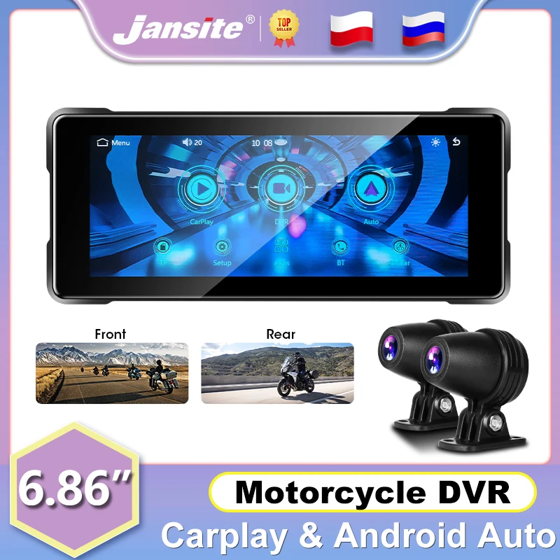 

Jansite Motorcycle DVR Dash cam IPS Screen Registrar Wireless Carplay Android auto Waterproof Dual Lens Moto Camera Bluetooth