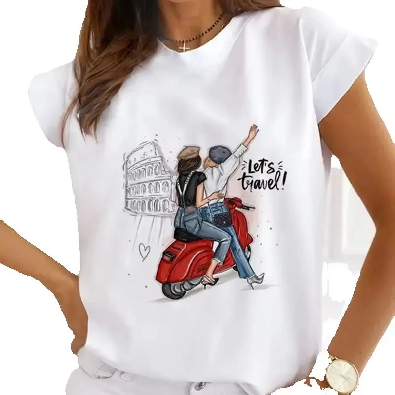 

Christmas Christmas Gift Printed Women's Short-sleeved Casual Women's T-shirt Crewneck Base Tops Summer polyester fabric