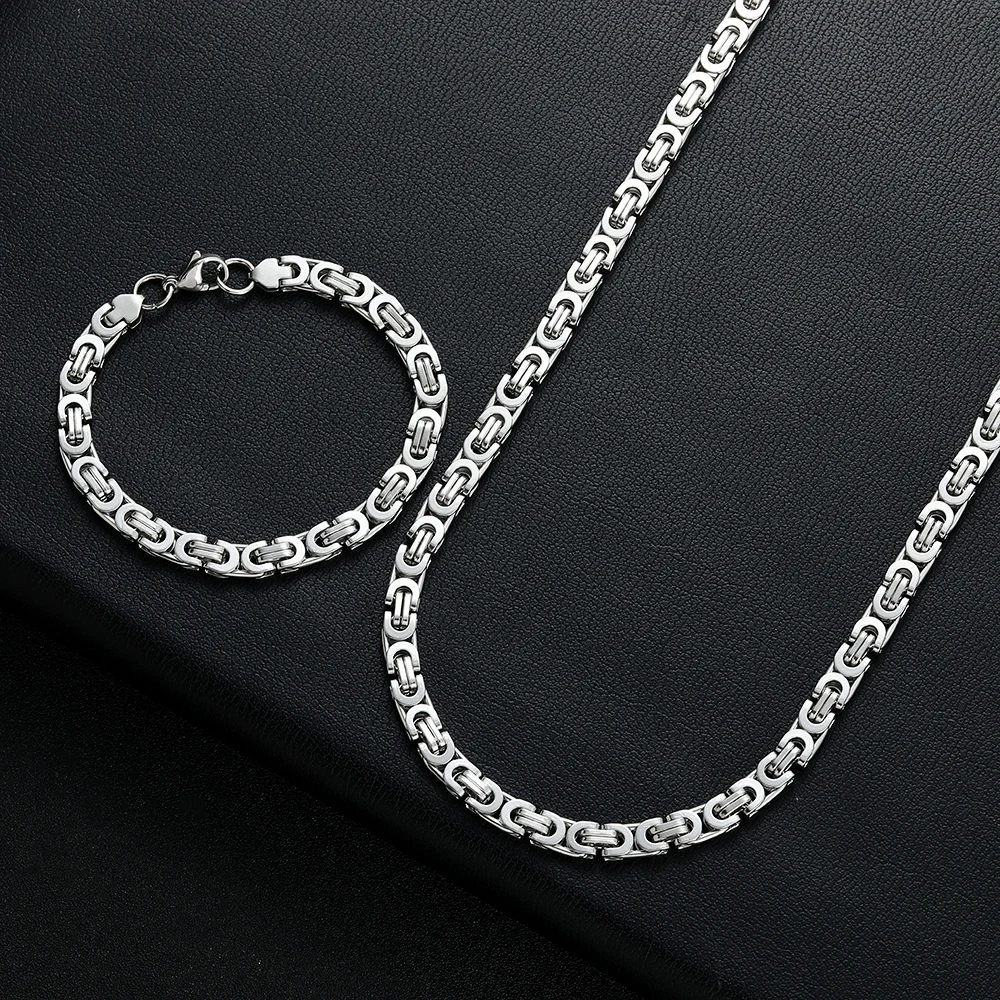 New Arrival Width 6MM 316L Titanium Steel Flat Imperial Chain Necklace Bracelet Fashion Hip Hop Men\'s Jewelry Set Boyfriend Gift