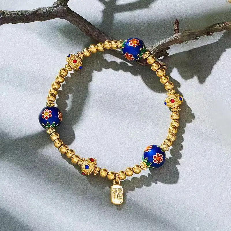 

2026 Ancient Sand Gold Bracelet Blessing Accessories High Temperature Enamel Six Petal Flower Round Bead Jewelry For Women Daily