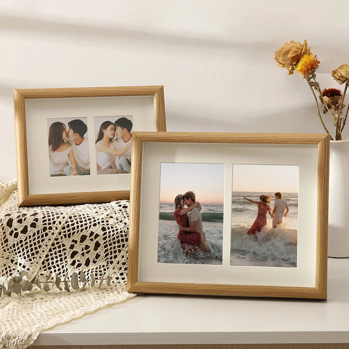 4x6inch Double Group Photo Frame Wall Home Decor Log Color Wood Frames 10x15CM Photo Picture Frame Can Be Placed and Hung