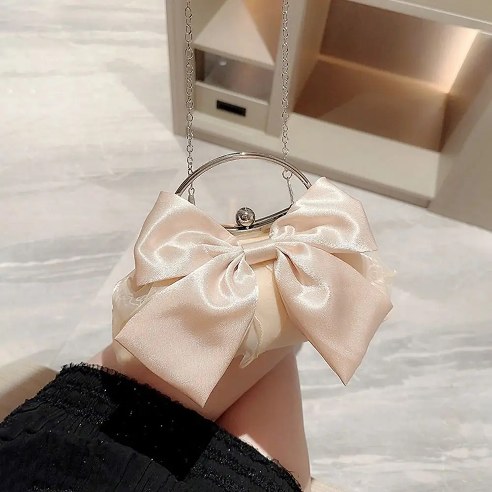 Luxury Gold Bright Silk Bowknot Evening Bag Chain Banquet Clutch Shoulder Bags Women Female