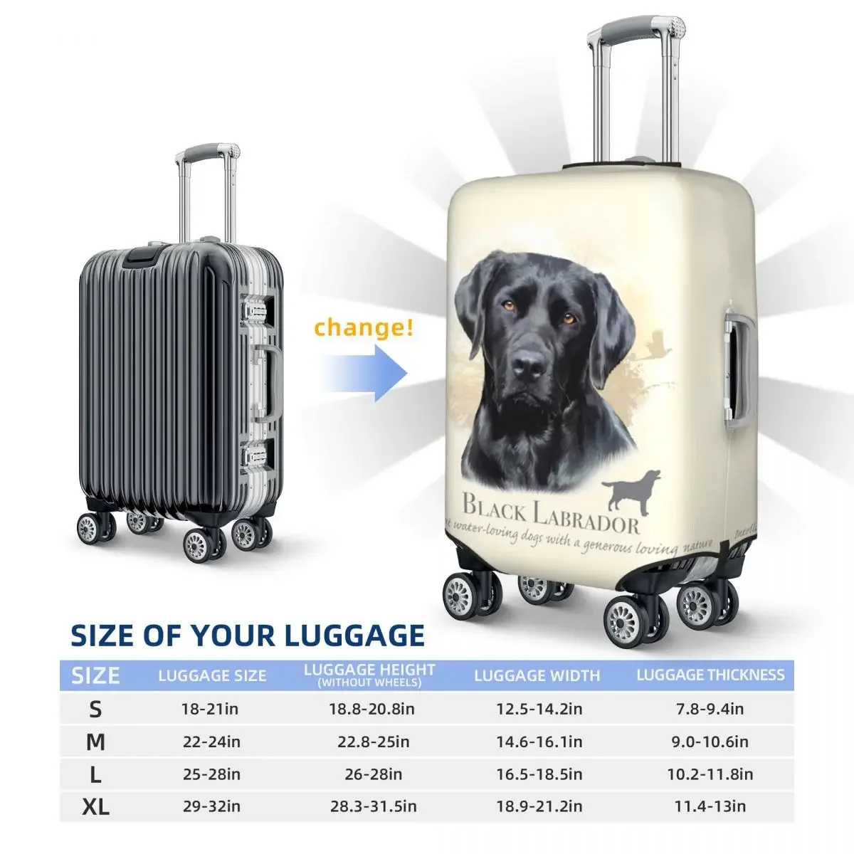 Juste de bagage élastique personnalisée pour animal de compagnie, housse de protection pour chien, housse de valise de voyage, convient à 18-32 po, noir Babrador