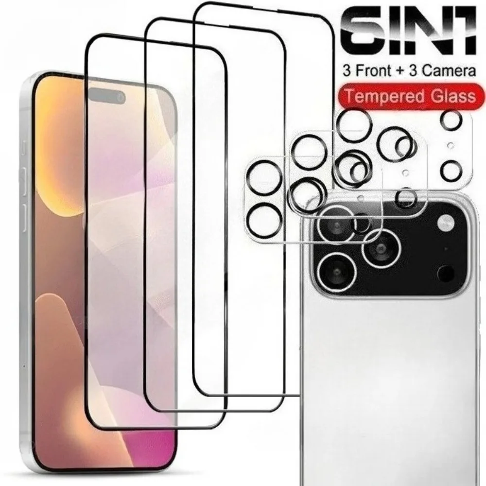 

Закаленное стекло с полным покрытием 6 в 1 для iPhone 17 16 15 14 Pro Max 16e Стекло для объектива воздушной камеры для iPhone 13 12 11 Pro 14 15 16 Plus