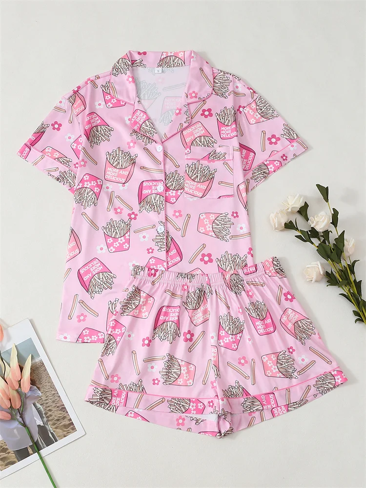 

2Pcs Casual Comfortable Loungewear Women Loose Lapel Button Tops Elastic Waist Shorts For Summer Shirt Sleepwear Outfits