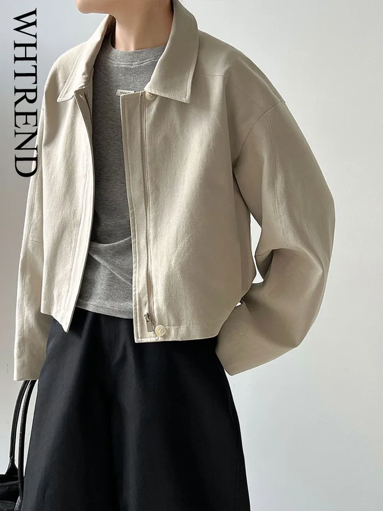 

WHTREND Высококачественная куртка с отложным воротником, короткое пальто для женщин, осенний новый повседневный хлопковый льняной топ WH1943