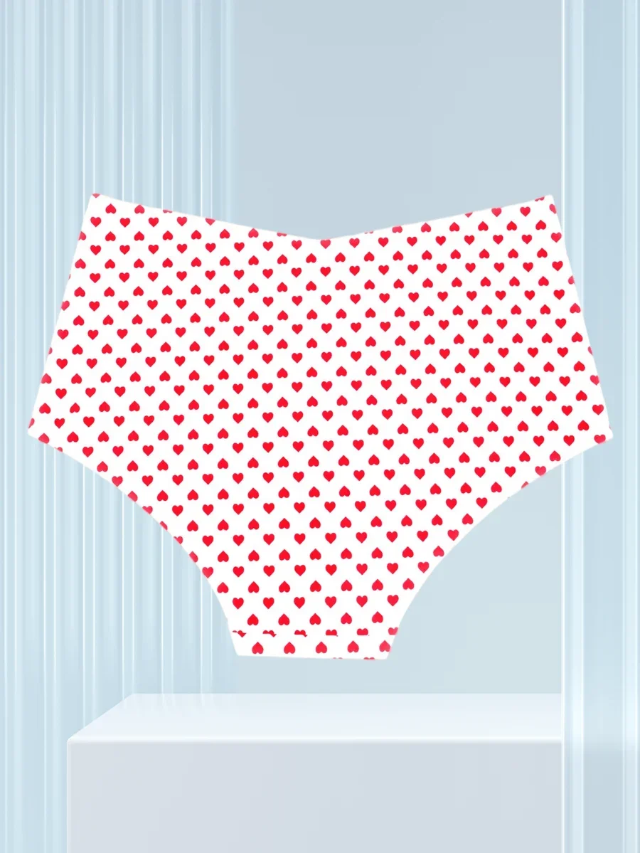 

Mid-Waist Womens Panties With Red Heart Print Ice Silk Breathable Seamless Underwear