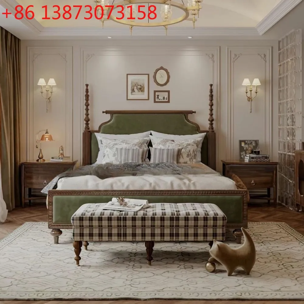 

American retro solid wood bed 1.8 meters master bedroom double bed French high-end wedding princess Roman column fabric
