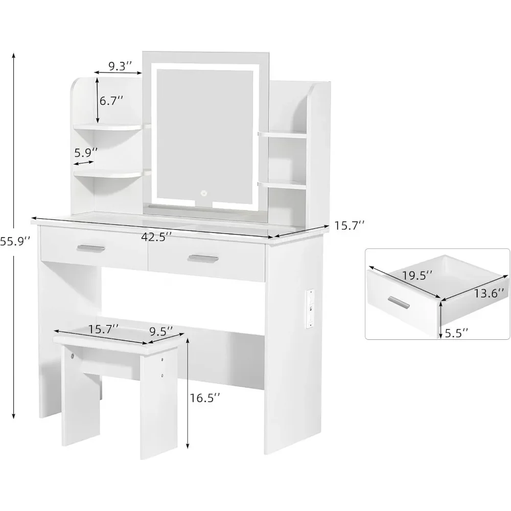 Makeup Vanity Desk 3 Color Light Options Adjustable Brightness,with 6 Storage Shelves,2 Large Drawers and Cushioned Stool