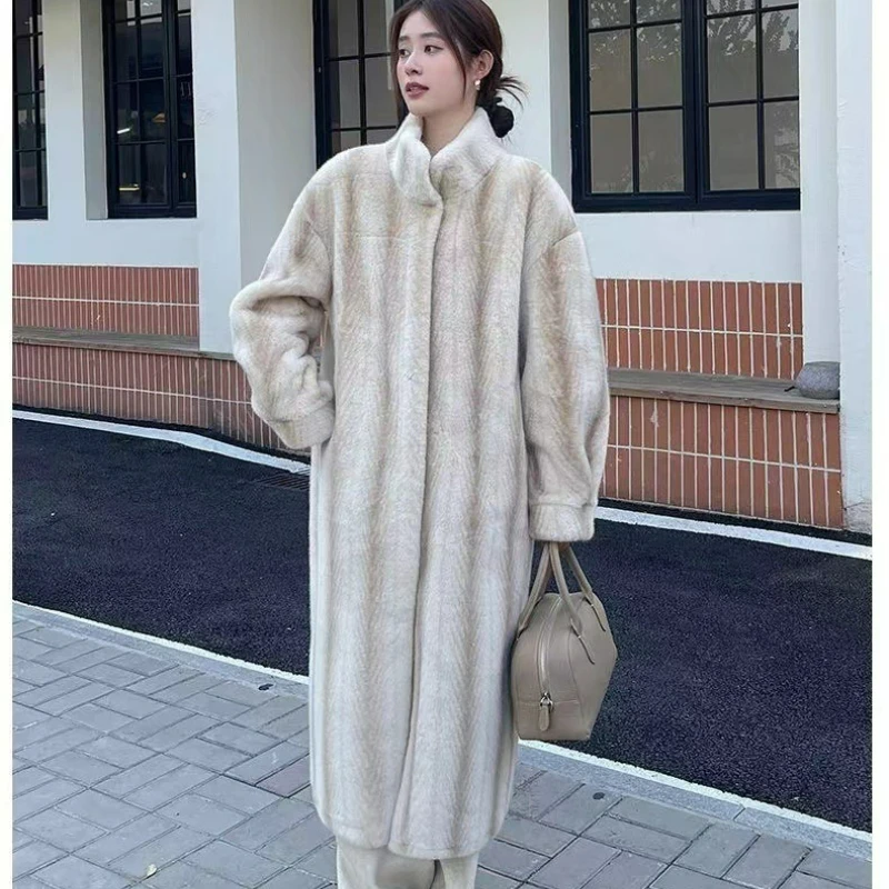 New Style American Retro Eco-friendly Fur Coat Stand-up Collar Thickened Women High-end Knee-length Overcoat  2026 Autumn/Winter