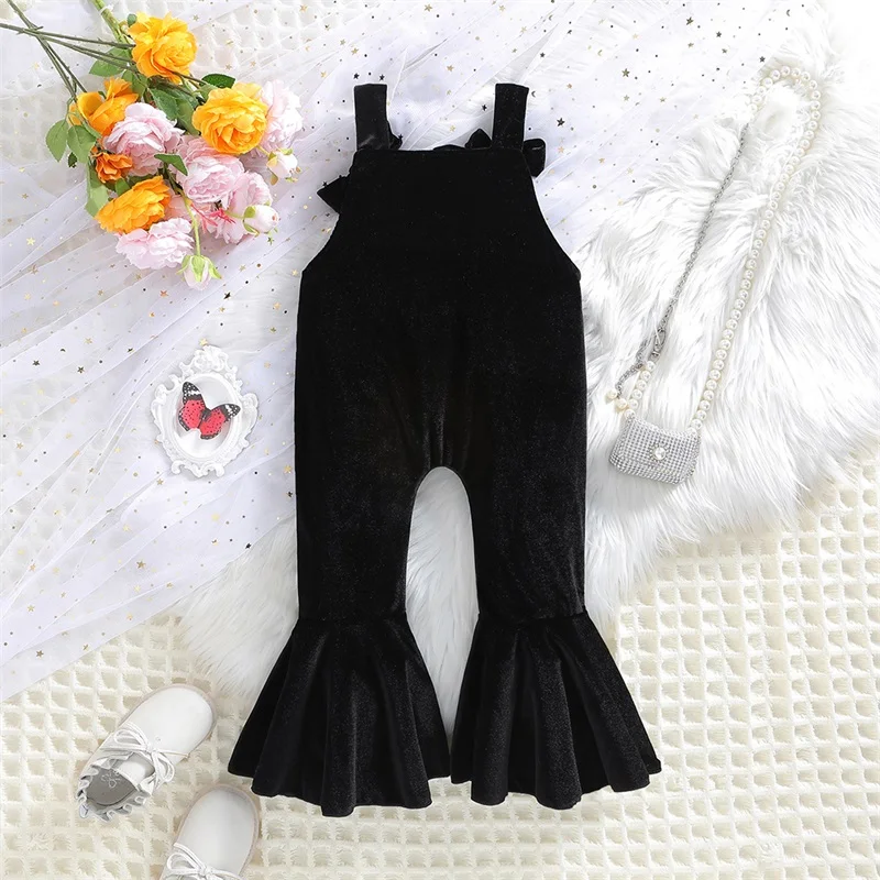 

Toddler Girl Velvet Rompers Sleeveless Solid Color Jumpsuit Suspender Pants Bell Bottoms Fall Spring Outfit