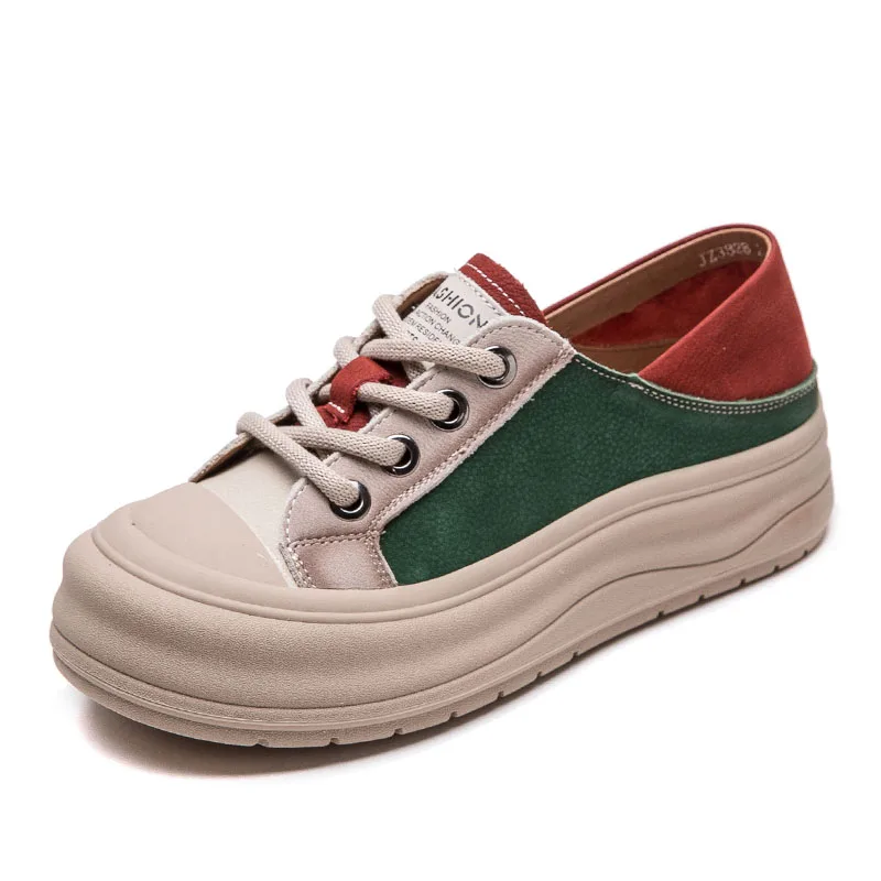 DRKANOL 2026 Women Casual Shoes Mixed Colors Genuine Leather Thick Bottom Chunky Platform Round Toe Women Board Shoes Footwear