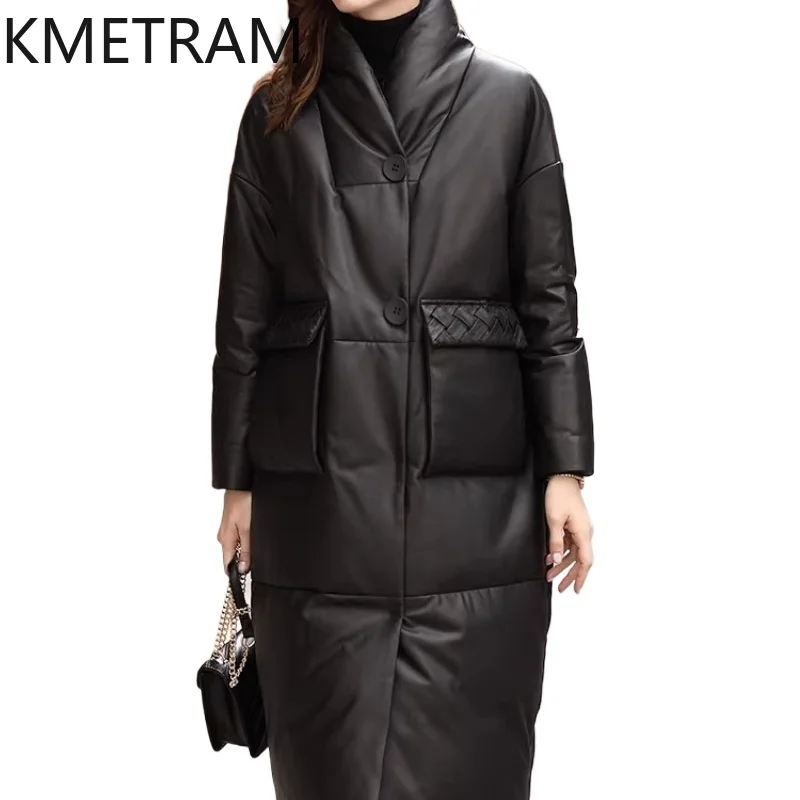 KMETRAM 100% Sheepskin with 90% White Duck Down Puffer Jacket Woman Black Down Coats Long Outerwears Winter Clothes 2025 пуховик