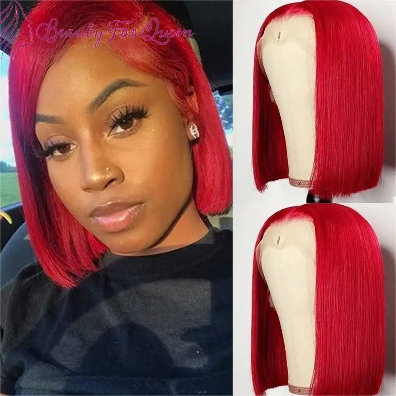 

Straight Short Bob Wigs Red Colored HD Transparent Lace Front Wig Brazilian Remy Lace Frontal Wig For Women Glueless Wig