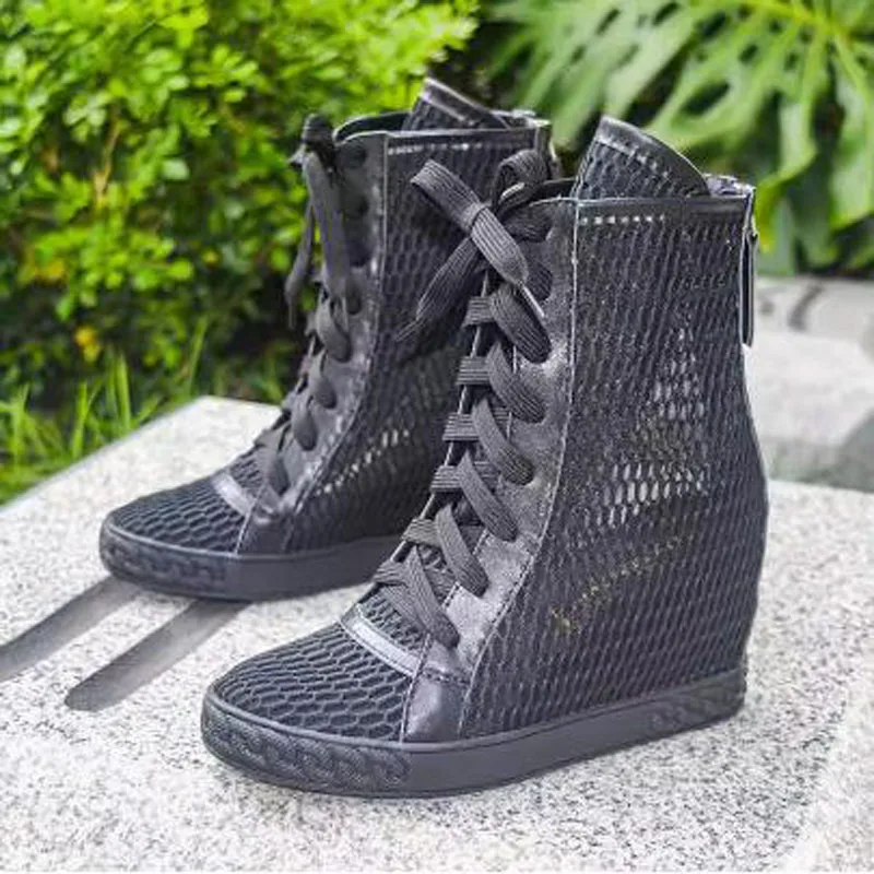 Spring Girls Black White Apricot Genuine Leather Air Mesh Cross Tied 8 CM Height Increasing Wedges Sneakers Women Ankle Boots