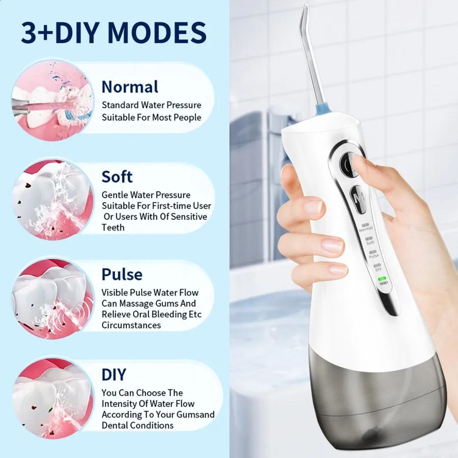 Dental Oral Irrigator Water Flosser Thread Teeth Pick Mouth Washing Waterproof 4 Nozzles 4 Modes DIY 320ML Tank USB Rechargeable