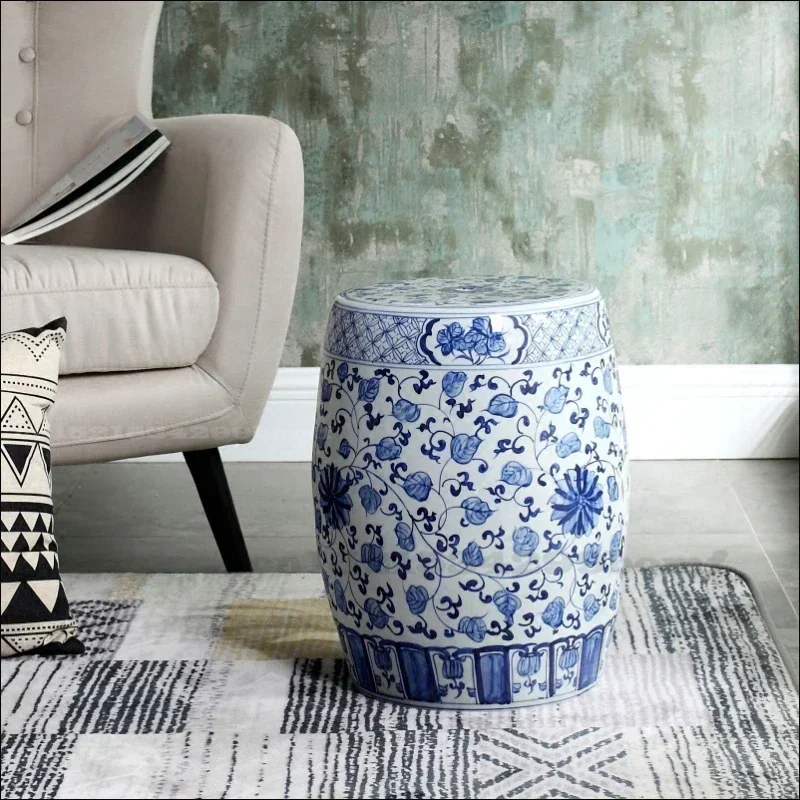 Chinese Hand-painted Blue and White Porcelain Stool, Antique Bathroom Stool, Home Hotel Ceramic Dressing Stool, Height 45cm