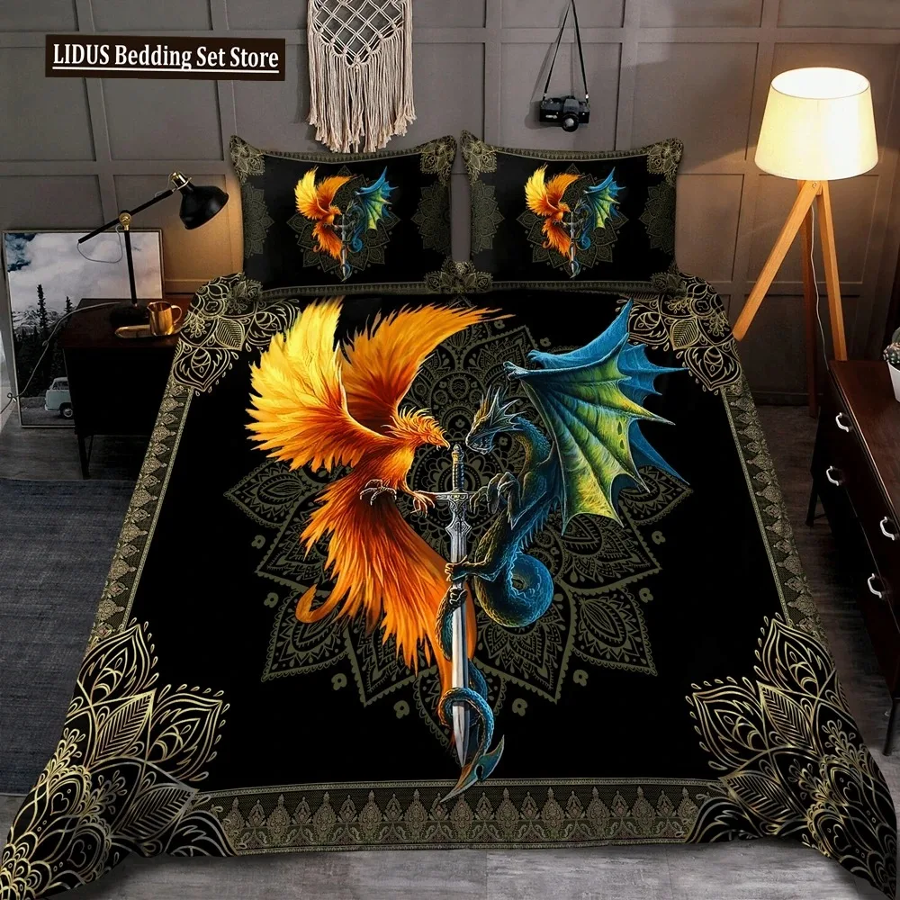 Dragon And Phoenix Duvet Cover Set Full Queen Size, Fantasy World Monster Gothic Bedding Sets Bohemian Mandala Comforter Cover