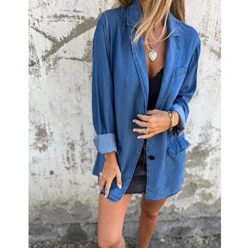 

Осенняя женская повседневная свободная однотонная свободная джинсовая куртка с карманами и длинными рукавами