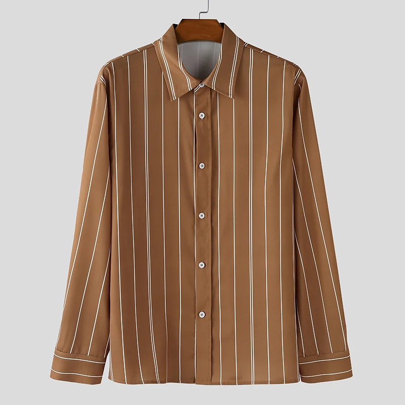 

INCERUN Мужская полосатая рубашка с лацканами и длинными рукавами на пуговицах в корейском стиле, мужская одежда, топы, уличная одежда, свободные модные повседневные рубашки 2025 г.