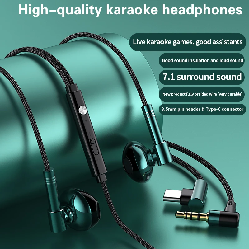 Braided Karaoke Wired Earbuds for iPhone 14 13 iOS USB Type C 3.5 MM In Ear Earphone Mic Stereo Call Headset Earphone Computer