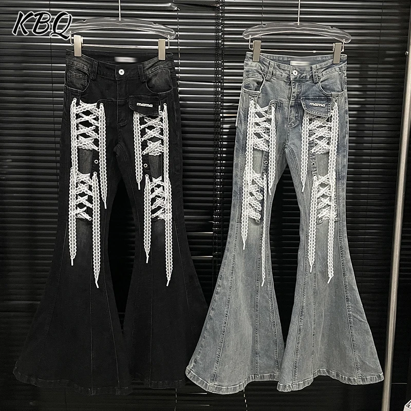 

KBQ Designer Slimming Solid Denim Pants For Women High Waist Spliced Lace Up Spring Temperament Jeans Female Fashion Style New