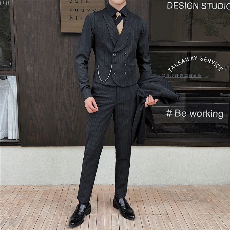 4XL-M pakaian merek rompi setelan bisnis pria kualitas tinggi musim semi/laki-laki Slim Fit bergaris blazer Double-breasted rompi gaun pria