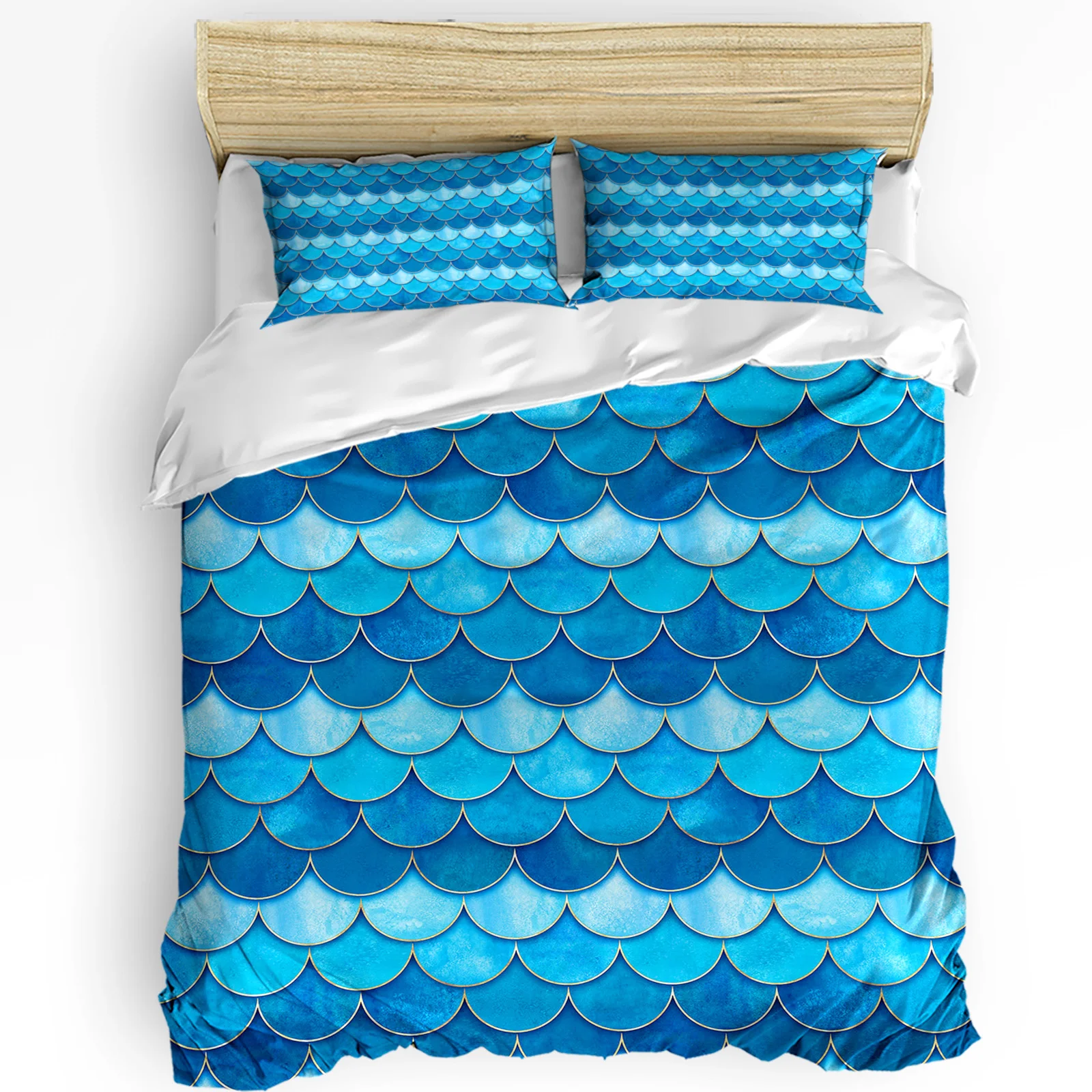 Fish Scale Texture Blue Watercolor 3pcs Duvet Cover Set Pillow Case Bedroom Single Double Bed Comforter Bedding Set Quilt Cover