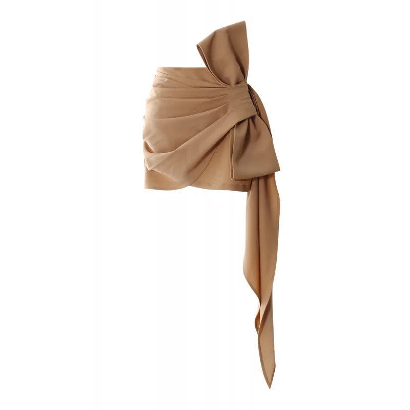 

High Waist Khaki Pleated Bandgae Bow Elegant Mini Half-body Skirt Women Fashion Tide New Spring Autumn