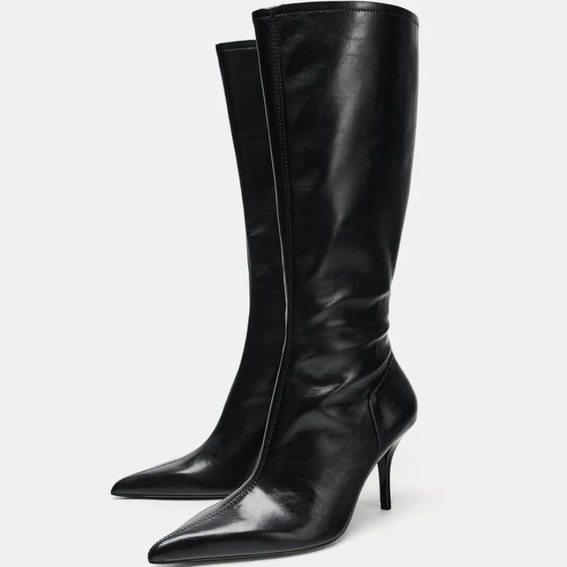 

Winter Pointed Toe Women Knee High Boots Soft Leather Side Zipper Designer Women's Boots Black Sexy Women Thin Heels Long Boots