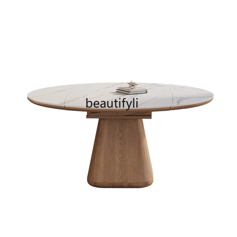 

SSSolid wood rock slab dining table Round retractable multi-functional folding dining table Square variable round tableNew Light