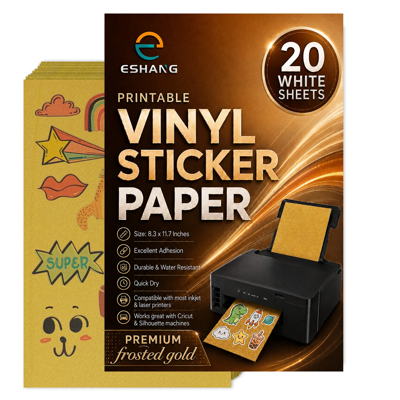 ESHANG Frosted Gold Printable Vinyl Sticker Paper A4, 20 Sheets Self-Adhesive Matte Paper for Inkjet, DIY Labels