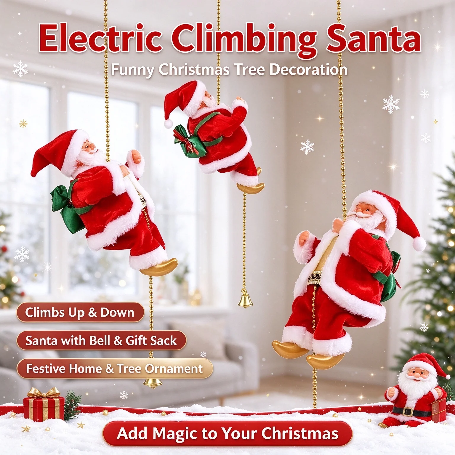 Electric Climbing Santa Claus on Beads Chain, Moving Figure Christmas Doll, Hanging Xmas Ornament Toy for Kids Christmas Gift