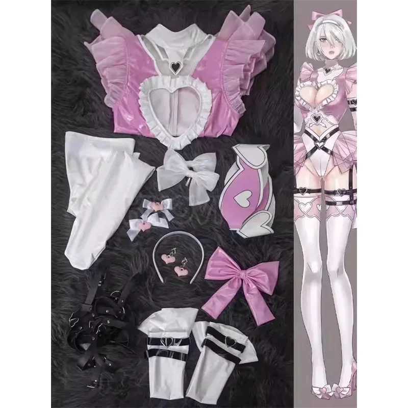 NieR:Automata DOLL 2B Cosplay Costume Valentine's Cos Maid Pink PU Pleather Babydoll Bodysuit Maid Outfit Skirt Open Bust Bikini